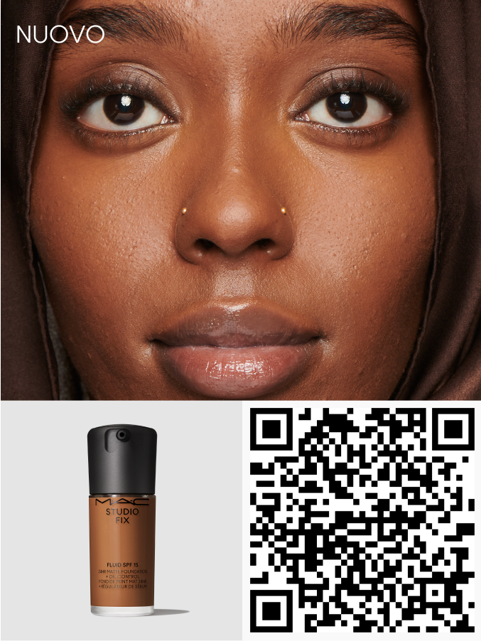 QR code and model's face for STUDIO FIX FLUID SPF 15.